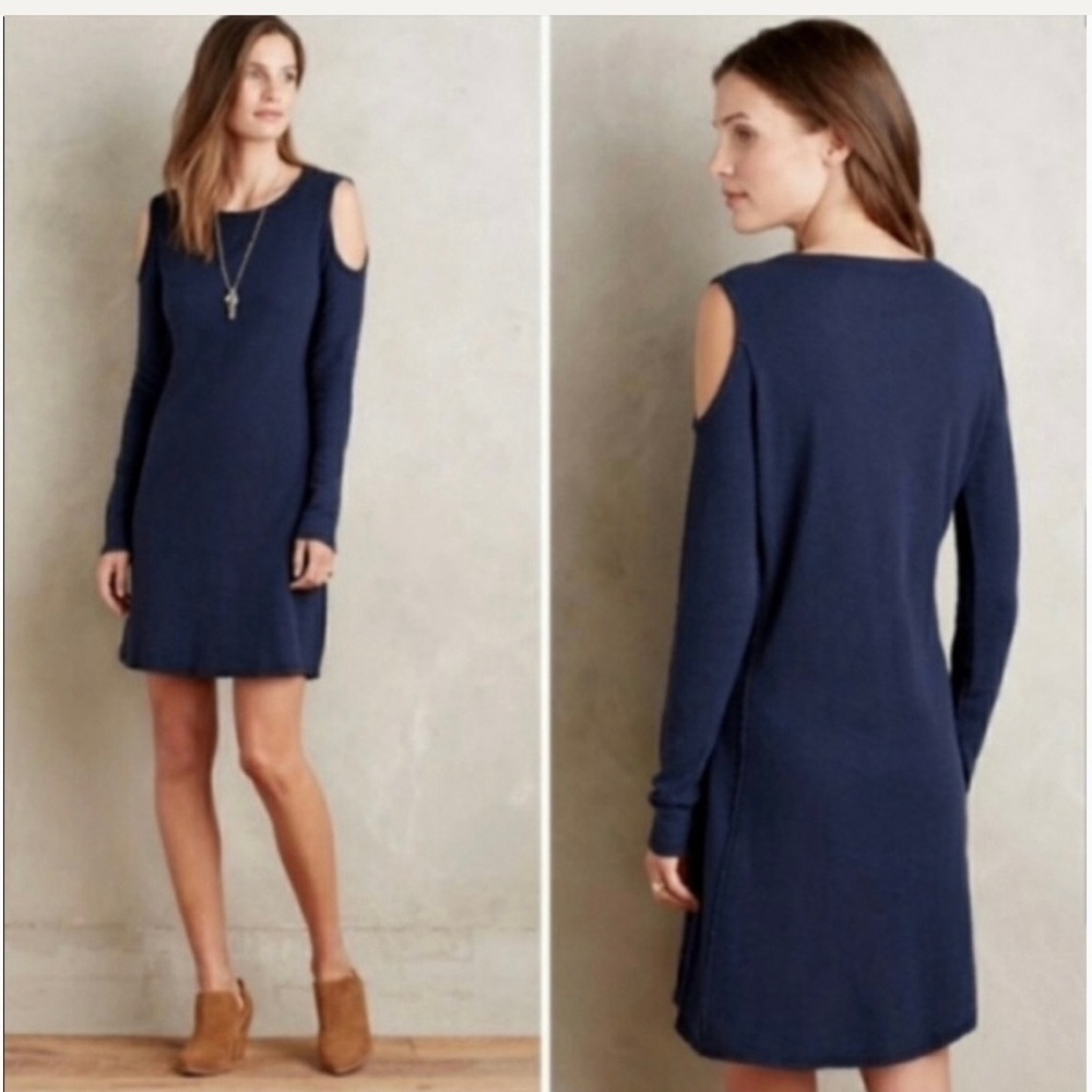 ANTHROPOLOGIE SOL ANGELES Women’s Navy APRES Cold Shoulder Dress Waffle Knit